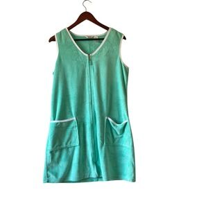 Vintage Green Terry Cloth Zip Front Sleeveless Spa Robe Lounger Womens Medium